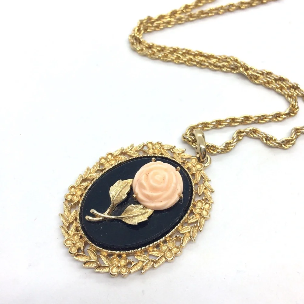 Vintage Gold and Black Necklace with Rose Pendant